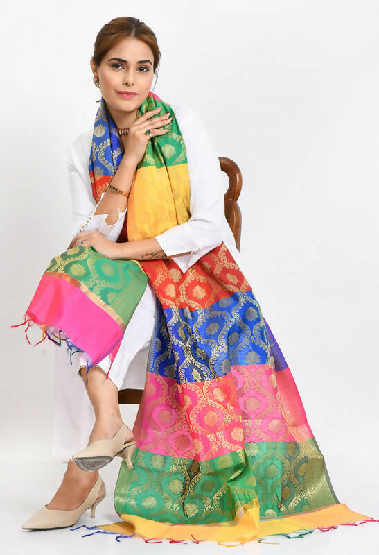 Mominos Fashion Moeza Banarsi Silk Floral Woven Design Multi Dupatta For Women