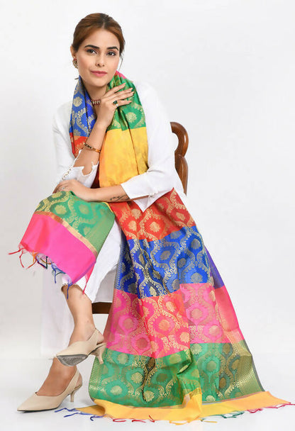 Mominos Fashion Moeza Banarsi Silk Floral Woven Design Multi Dupatta For Women