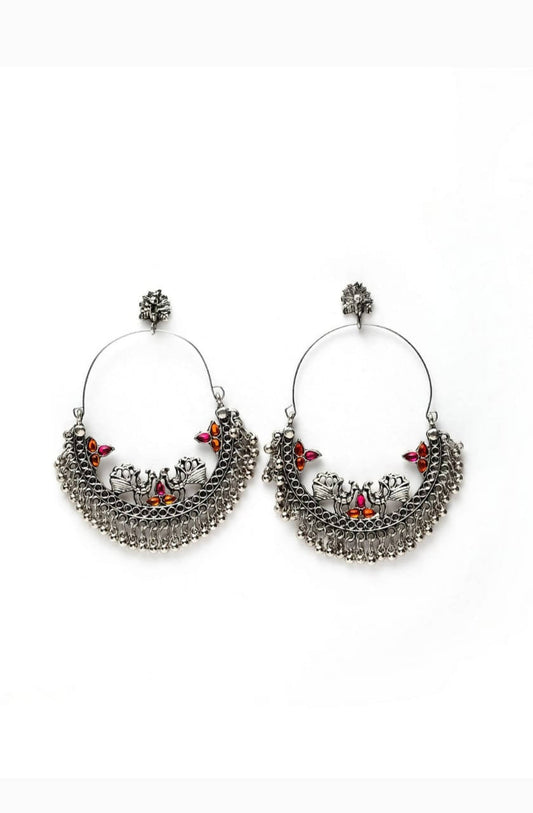 Mominos Fashion Silver-Plated Peacock Design Multi-Color Chandbali Earrings