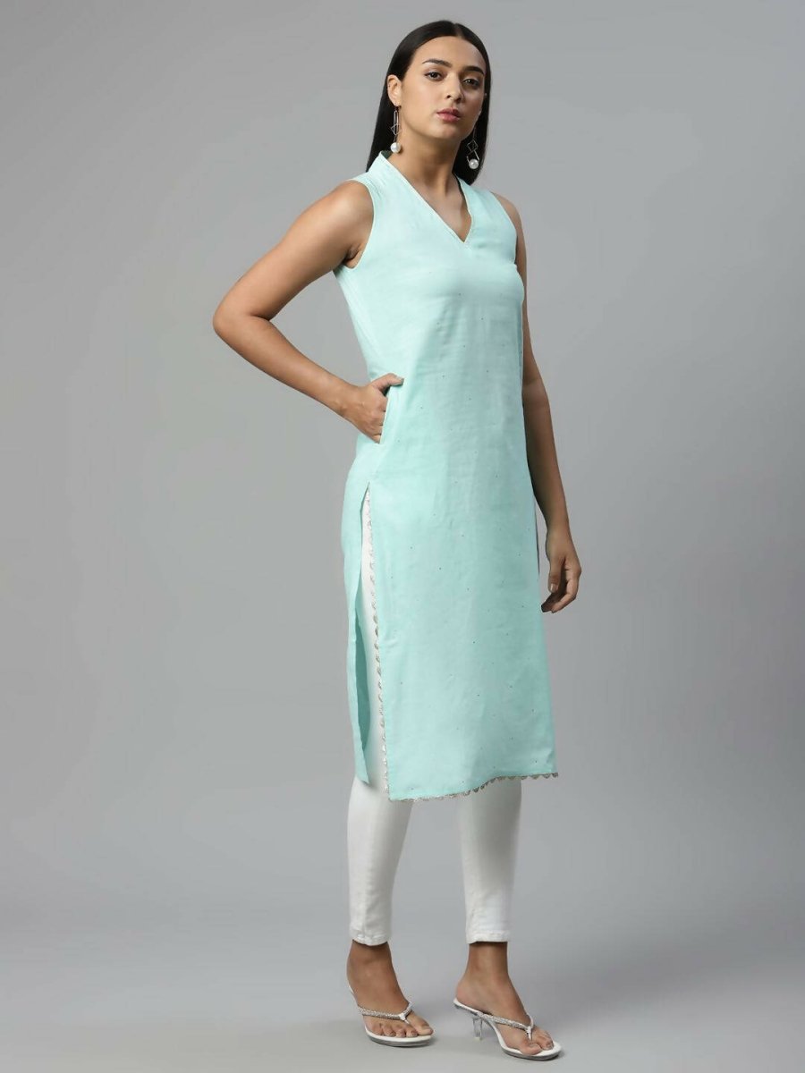 Ahalyaa Womens Summer Blue Pure Cotton Printed Kurtas