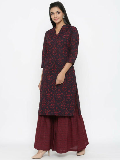 Miravan Women's Cotton Floral Print Straight Kurta Sharara Set