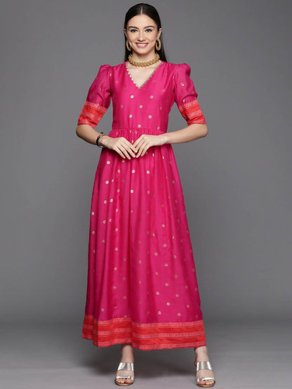 Ahalyaa Women's Pink Chanderi Gold Foil Print Dress