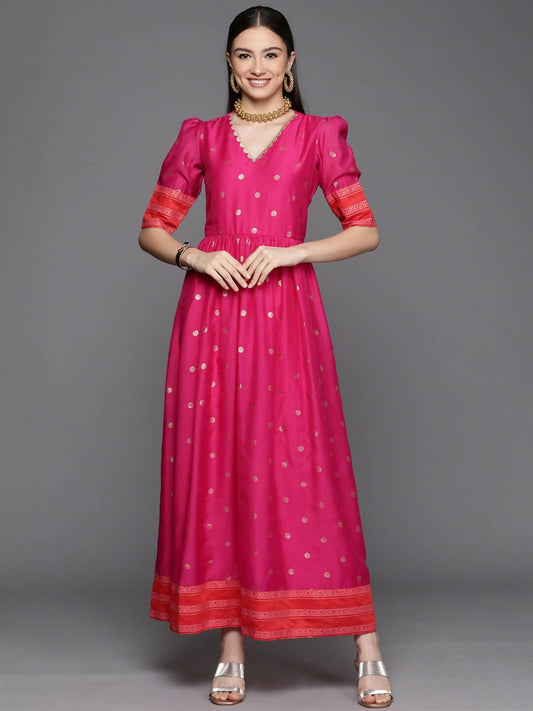 Ahalyaa Women's Pink Chanderi Gold Foil Print Dress