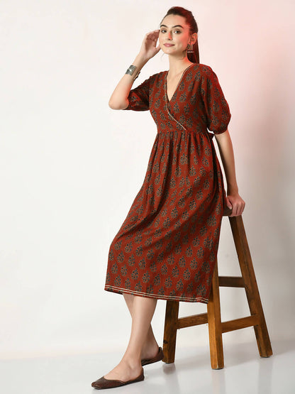 Myshka Women's Rust Empire Printed Dress