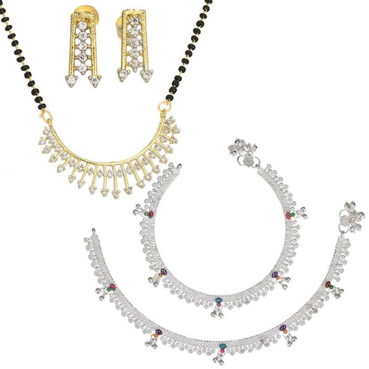 AanyaCentric Gold-Polished Mangalsutra Pendant Earring Set & Silver Plated Anklet