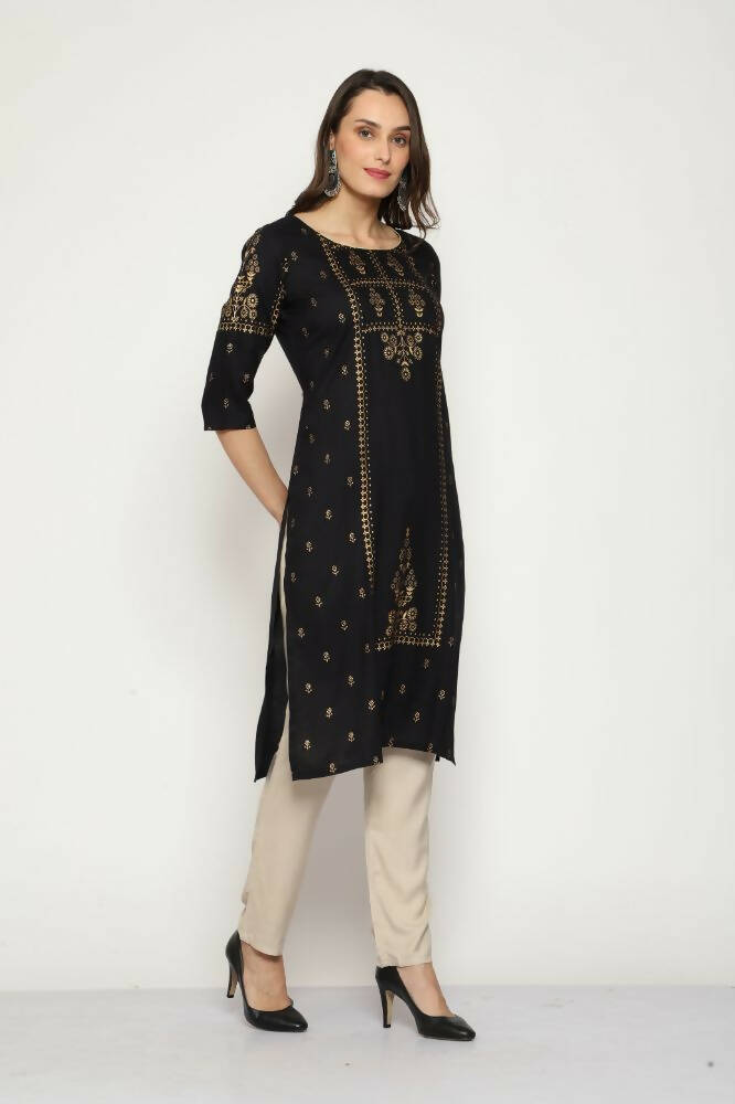 Maai Rayon Hand Printed Kurta Black