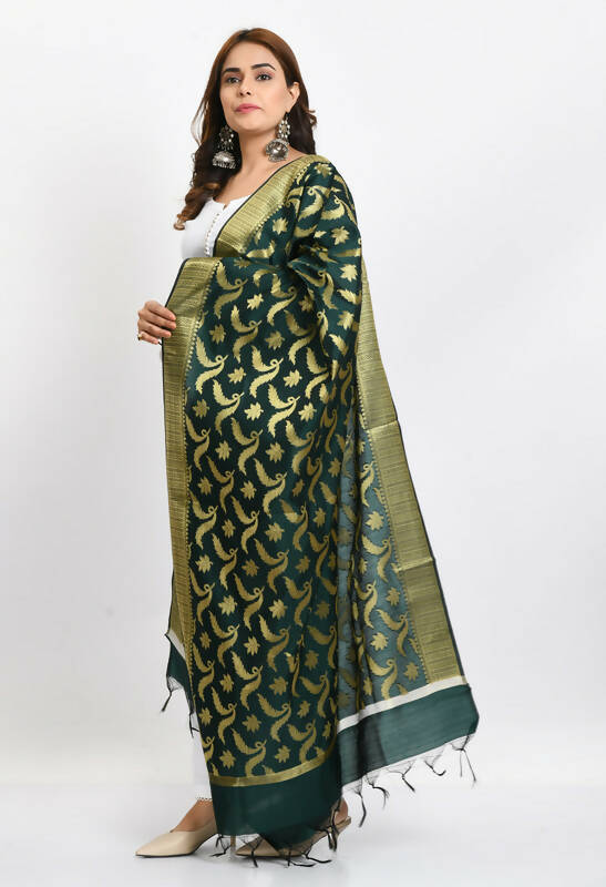 Mominos Fashion Moeza Women's Banarsi Silk Floral Woven Design Bottle Green Dupatta