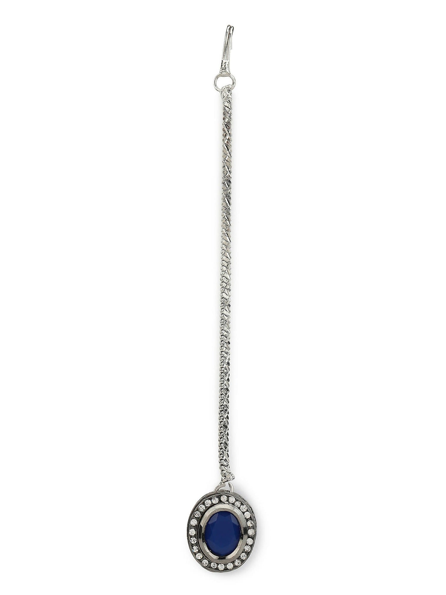 Women's Blue Silver-Toned Kundan Studded Maang Tikka - Ruby Raang