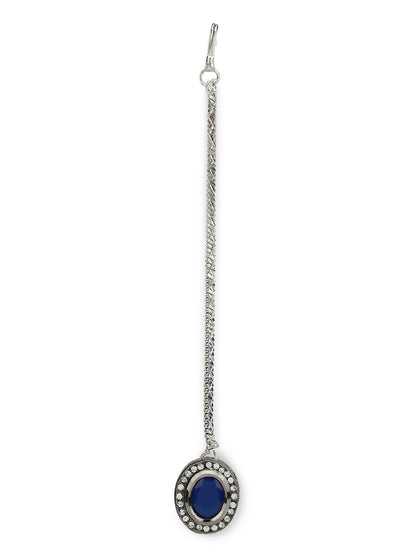 Women's Blue Silver-Toned Kundan Studded Maang Tikka - Ruby Raang