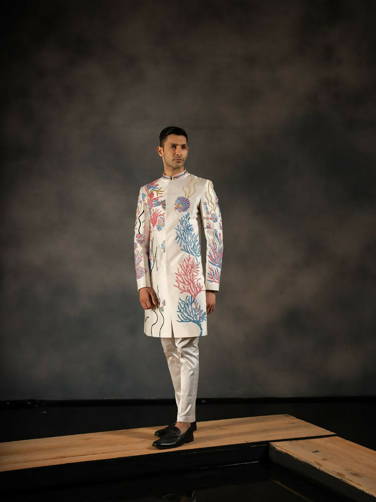 Off White Aqua Hand Embroideried Indowestern Sherwani by Hilo Design