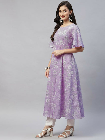 Miravan Women's Levender Floral Printed Anarkali Kurta