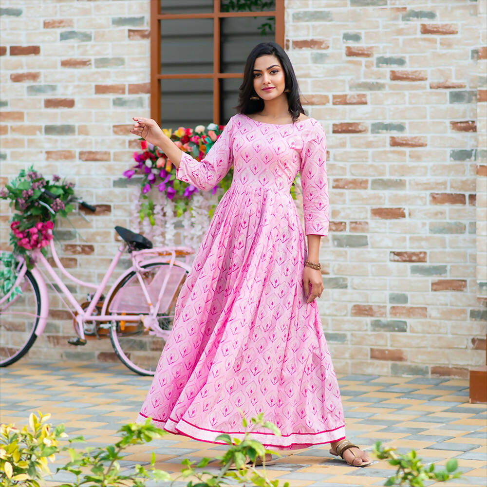 Partywear Designer Digital Printed Light pink Pure Maslin Gown - Anbazaar
