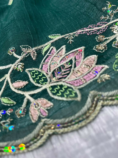 Vastranavya Gold Crunchy Multi Colour Threads Embroidery Work with Sequins Work Saree with Blouse material - Green