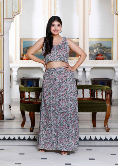 Miravan Women's Grey Floral Printed Crop Top And Skirt Co-Ord Set