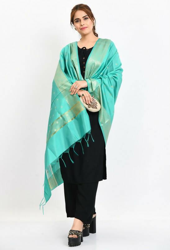 Mominos Fashion Moeza Women's Banarsi Silk Woven Design Sea Green Dupatta