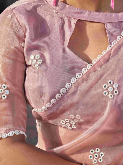 Tikhi Imli Pink Floral Embroidered Mirror Work Organza Saree