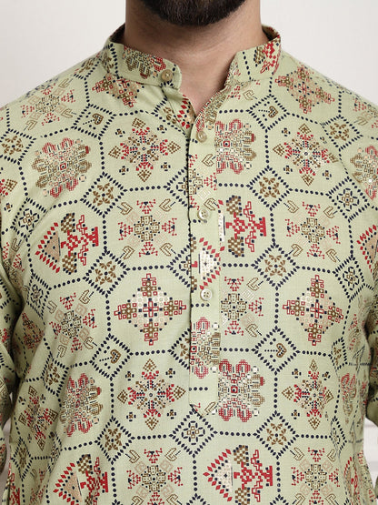 Sojanya Men Green Printed Cotton Linen Kurta with Churidar