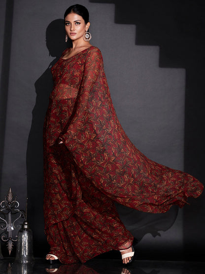 Tikhi Imli Red & Green Floral Printed Poly Georgette Ready To Wear Saree