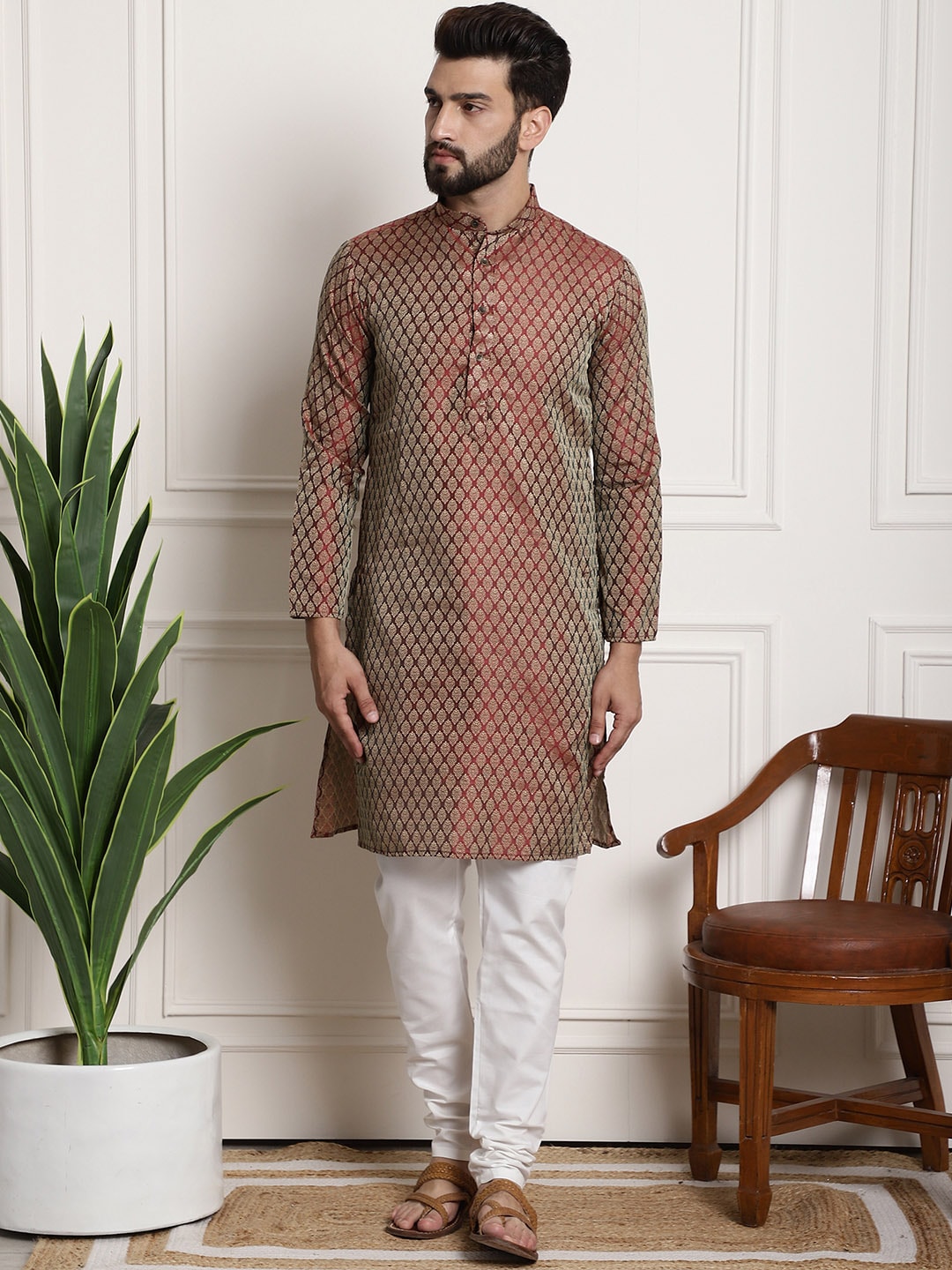 Sojanya Men Maroon & Off-White Woven Design Kurta with Churidar
