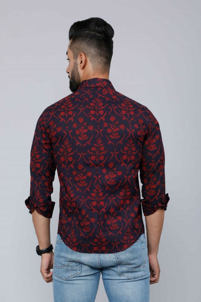 Miravan Men's Maroon Floral Printed Casual Full Sleeves Cotton Shirt