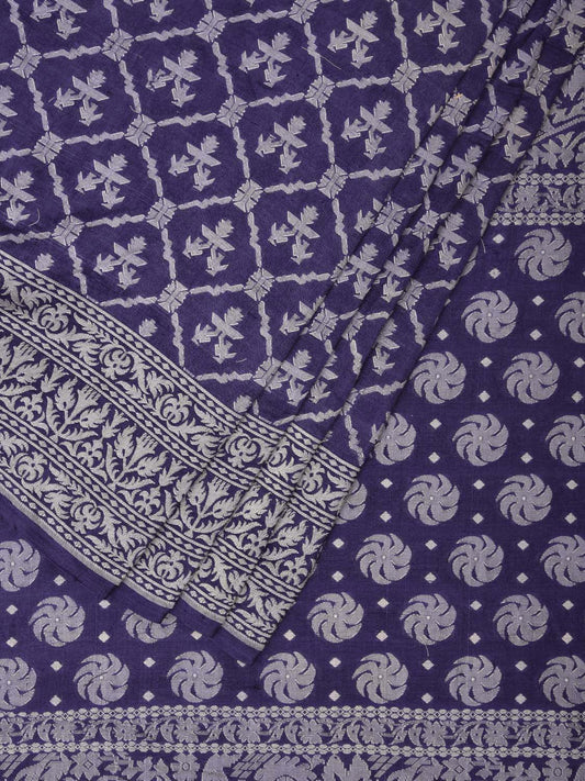 Dark Blue Cut Work Tussar Cotton Handloom Saree with All Over Jamdani Style Design - Global Threads