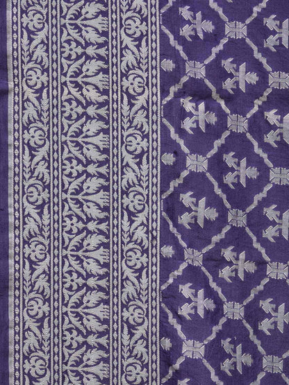 Dark Blue Cut Work Tussar Cotton Handloom Saree with All Over Jamdani Style Design - Global Threads