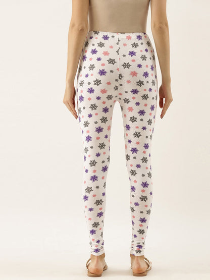 Souchii White & Grey Printed Slim-Fit Ankle-Length Leggings
