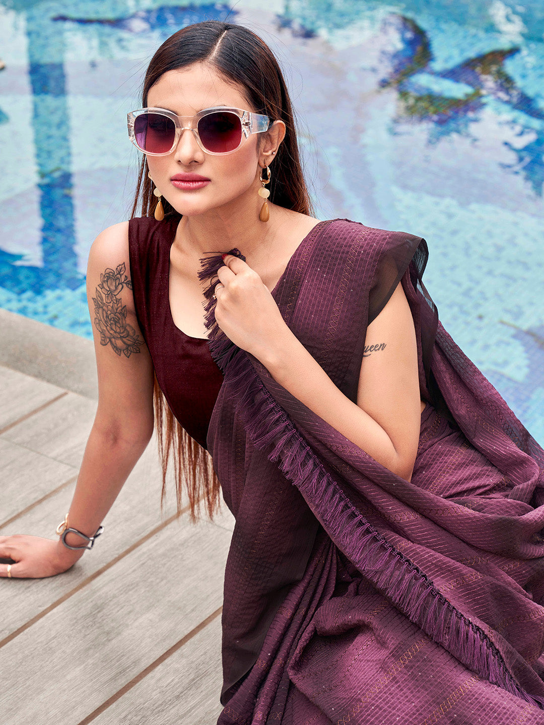 Tikhi Imli Woven Design Embellished Sequinned Saree With Tassles