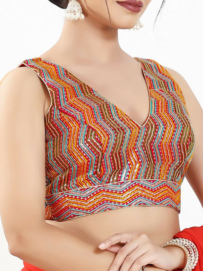 Joban Fashion Red Multi Silk Padded Blouse With V Neck Sleeveless