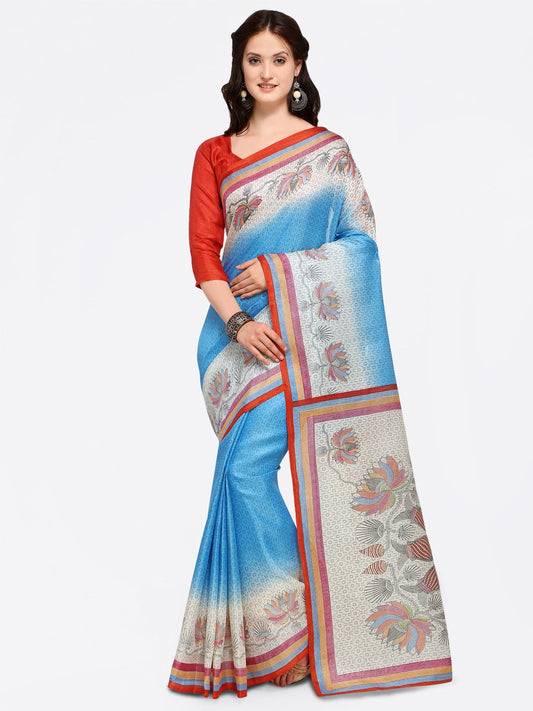 Saree Mall Blue & Beige Art Silk Printed Bhagalpuri Saree
