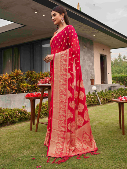 Tikhi Imli Pink Ethnic Motifs Woven Design Zari Saree