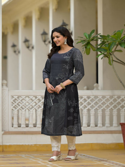 Juniper Women's Black Abstract Printed Kurta With Sequins