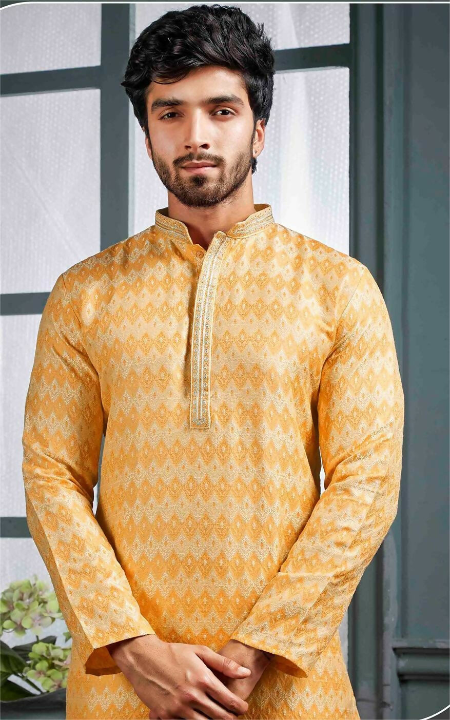 Joban Fashion Men's Yellow Poly Jacquard Kurta Pajama