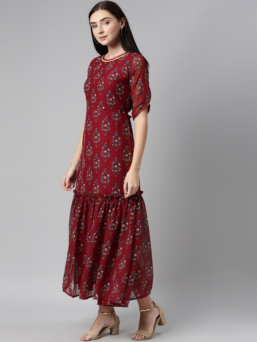 Souchii Maroon & Blue Ethnic Motifs Chiffon Maxi Dress