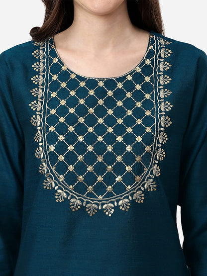 HERE&NOW Women Teal Ethnic Motifs Embroidered Kurta