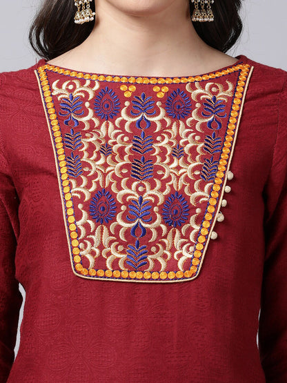 Souchii Maroon & Yellow Thread Work Grandeur & Majestic Artwork Cotton Kurta