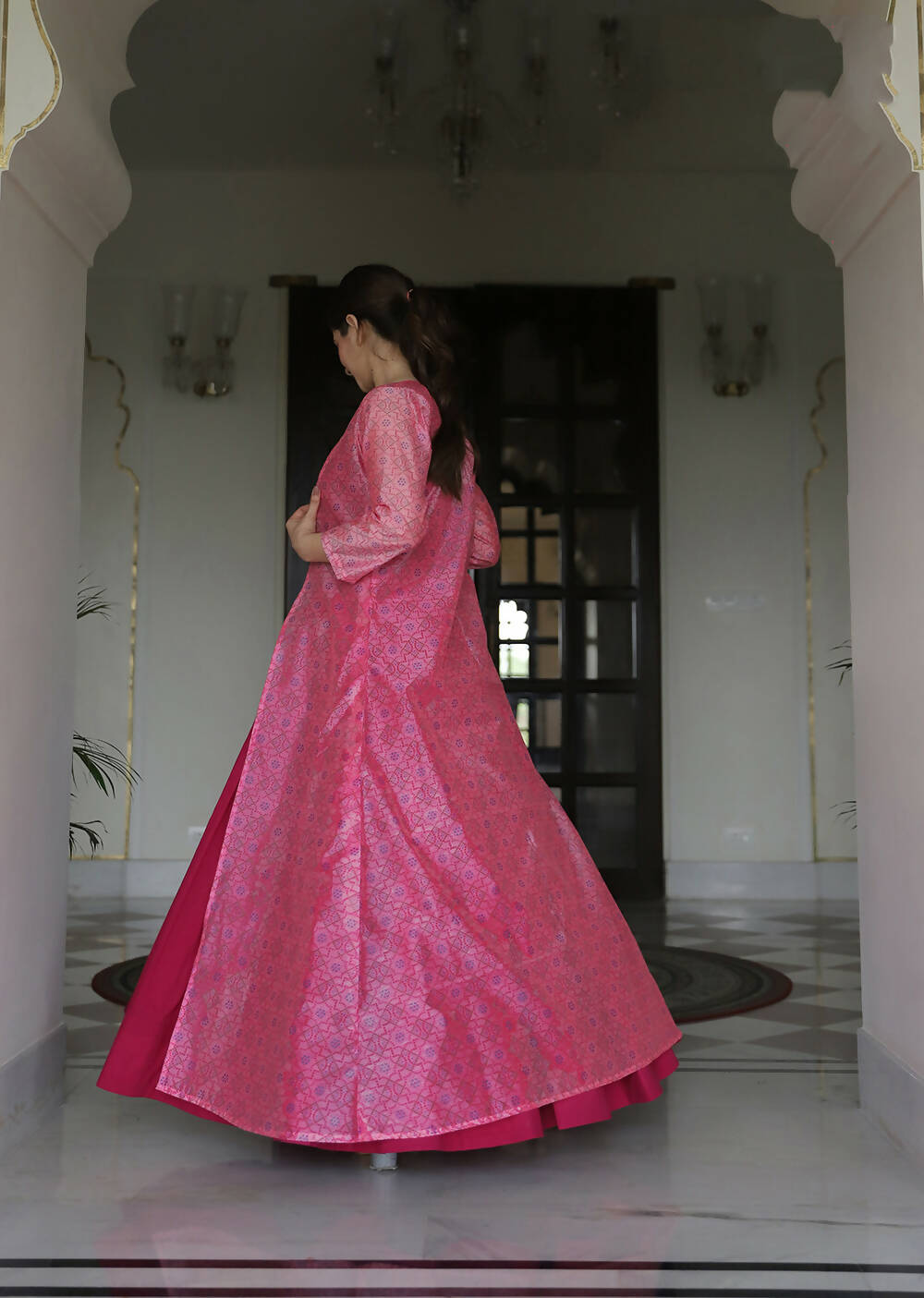 Partywear Designer Digital print Pink Maslin Gown - Anbazaar