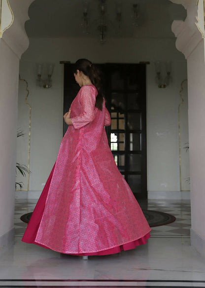 Partywear Designer Digital print Pink Maslin Gown - Anbazaar