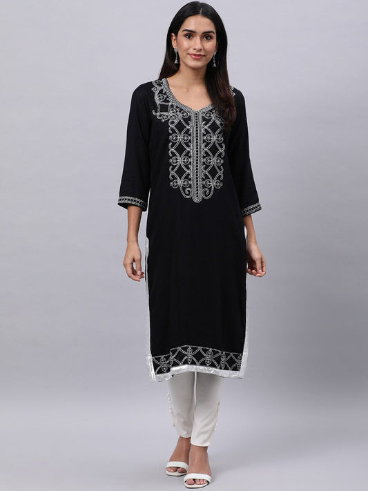 Souchii Women Black Ethnic Motifs Yoke Design Thread Work Kurta