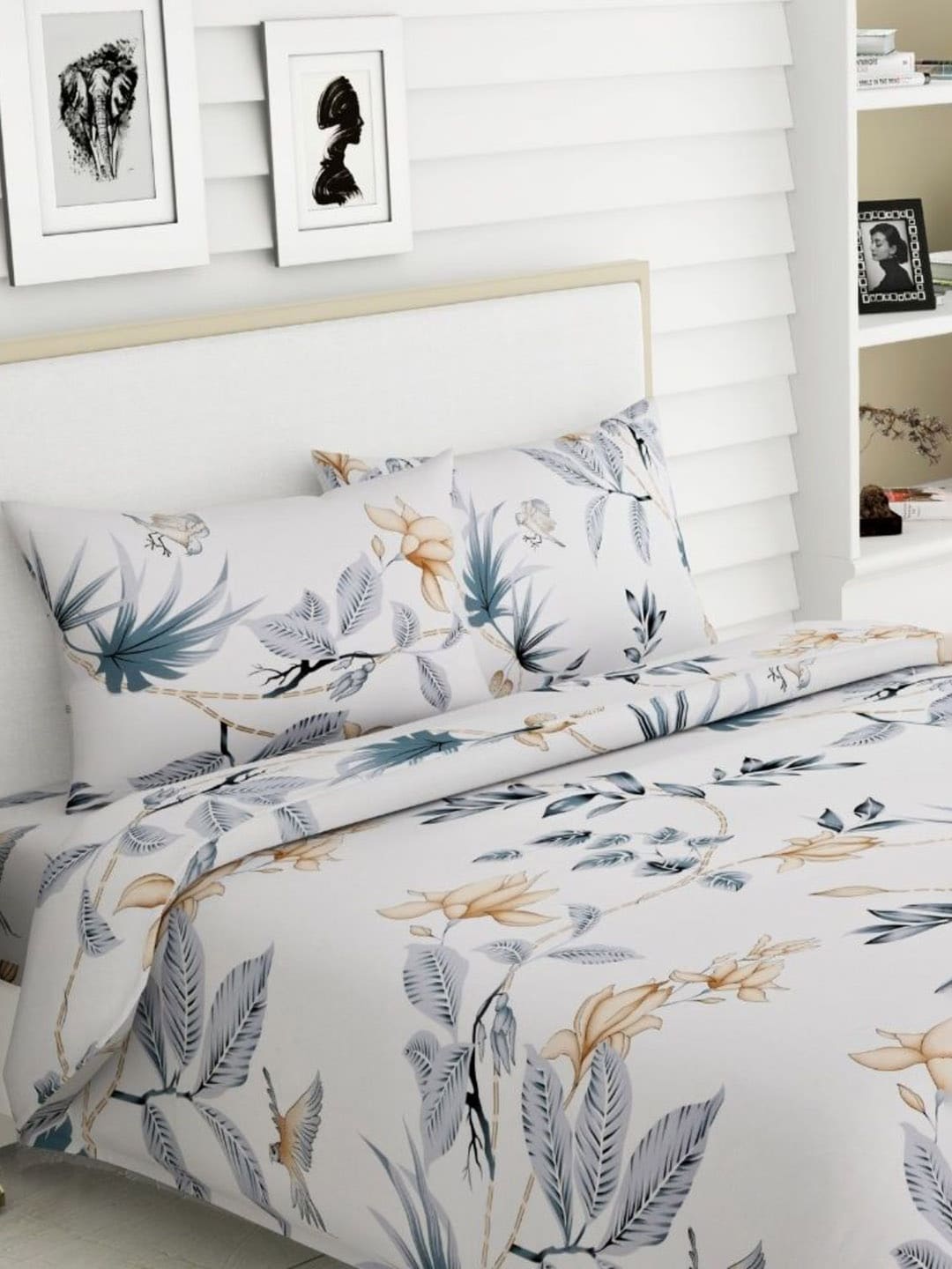 haus & kinder White & Grey Floral 186 TC Pure Cotton King Bedsheet & 2 Pillow Covers