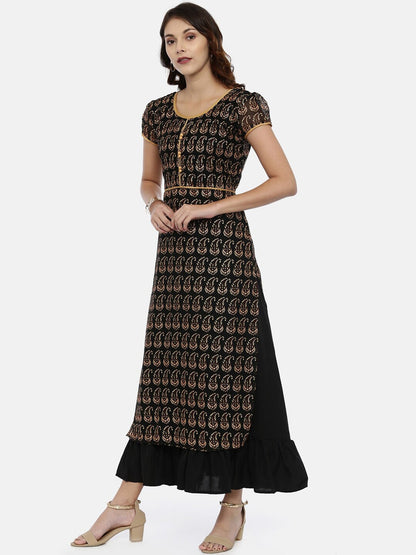 Souchii Black & Yellow Printed Maxi Dress