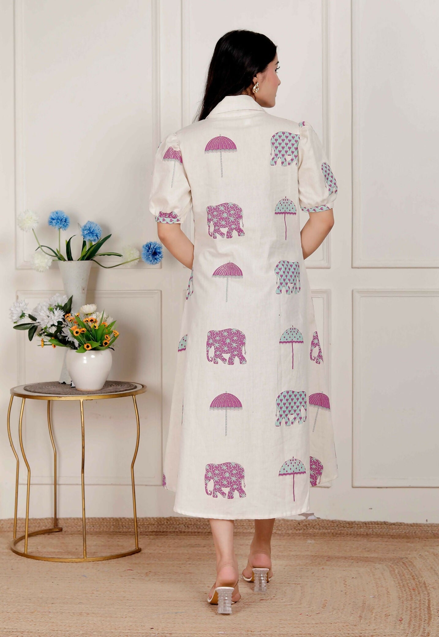 Miravan Womens Flex Cotton Short Sleeve Off White Animal Print A-Line Maxi Dress