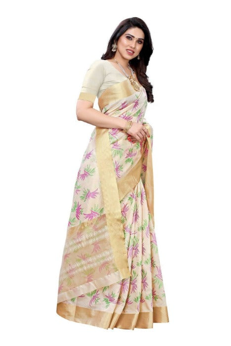 Vamika Cotton Polyester Silk Weaving Cream Saree (KERALA MANSHI)