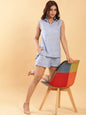 BohoJazz Denim Blue Linen Tailored Shorts with Sleeveless Collared Top Co-ord Set
