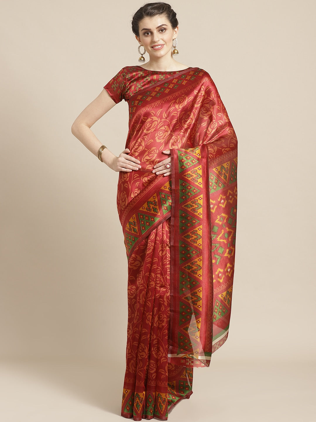 Saree Mall Rust Red & Mustard Yellow Printed Saree