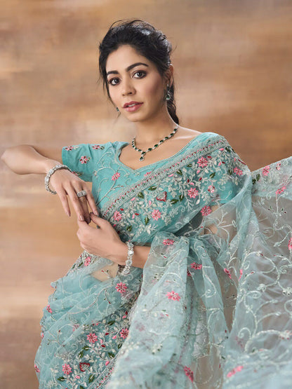 kasee Floral Embroidered Net Saree