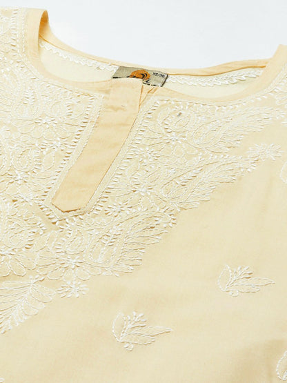 ADA Women Cream-Coloured & White Ethnic Motifs Embroidered Chikankari Cotton Kurta