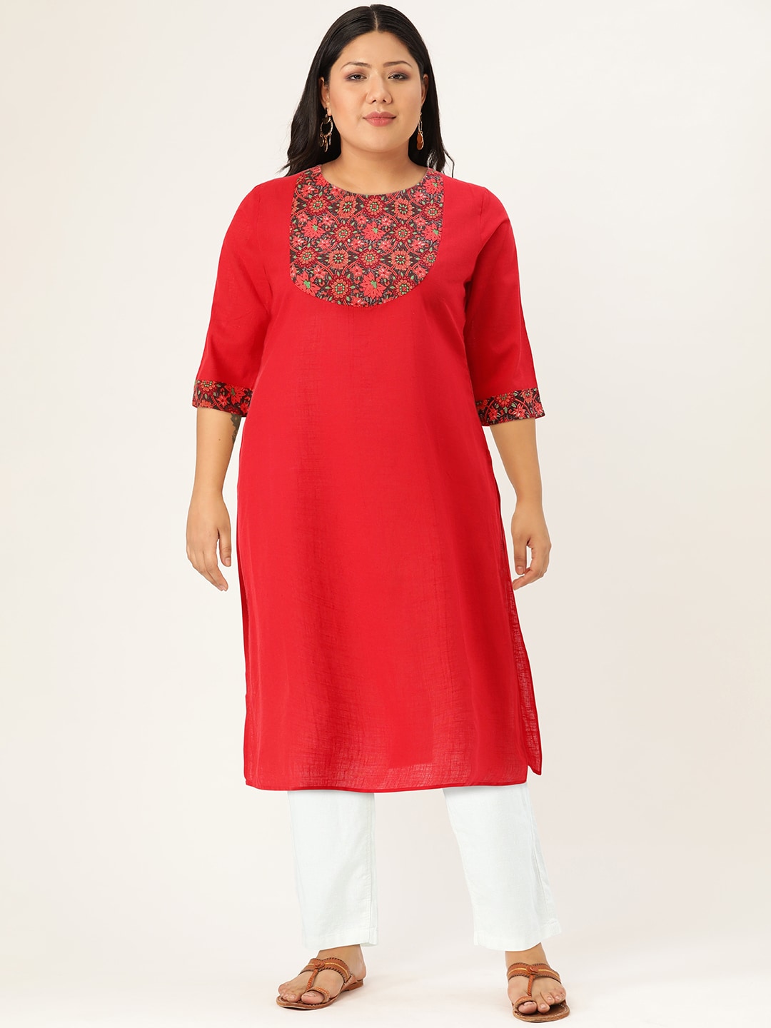 HERE&NOW Women Red & Black Yoke Design Pure Cotton Kurta