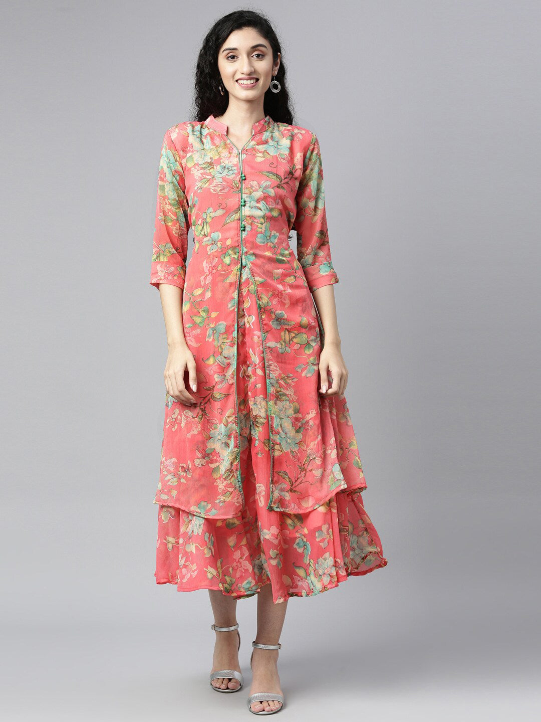 Souchii Women Pink & Green Floral Layered A-Line Midi Dress