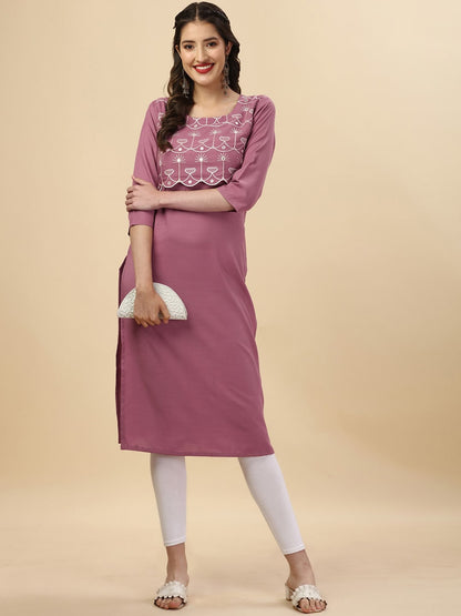 HERE&NOW Mauve & Biege Ethnic Motifs Embroidered Yoke Design Mirror Work Kurta